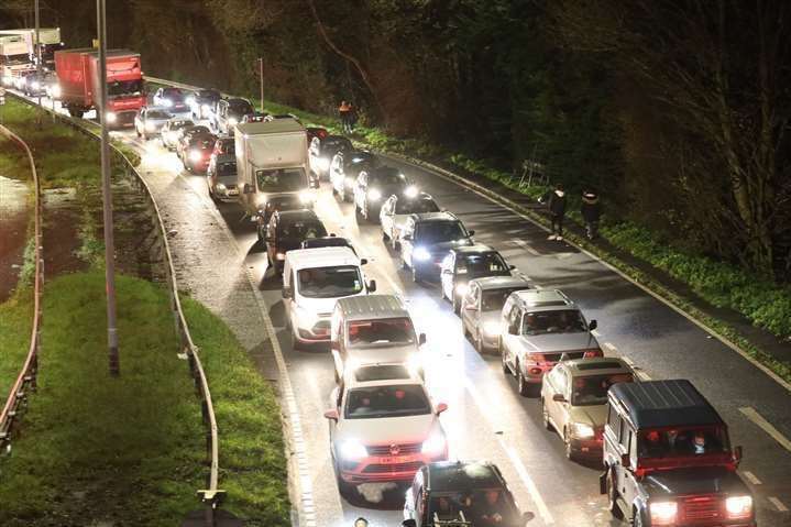 Cars queuing on the A249 to get into the Winter Wonderland at Detling at Christmas. Picture by UkNewsinPictures