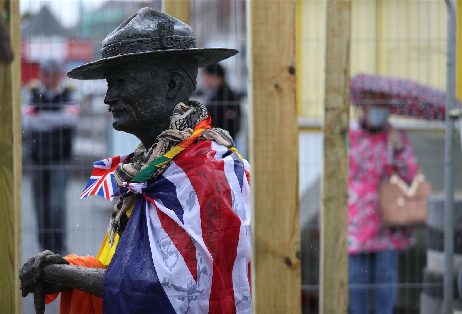 The statue of Robert Baden-Powell has been boarded up (Andrew Matthews/PA)