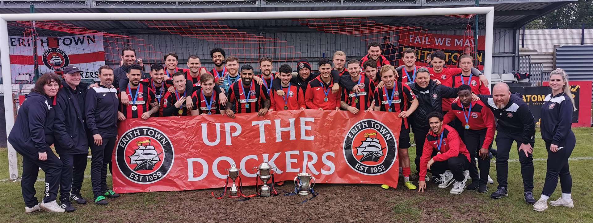 Erith Town celebrate promotion after winning the Southern Counties East Premier Division play-off on Monday.