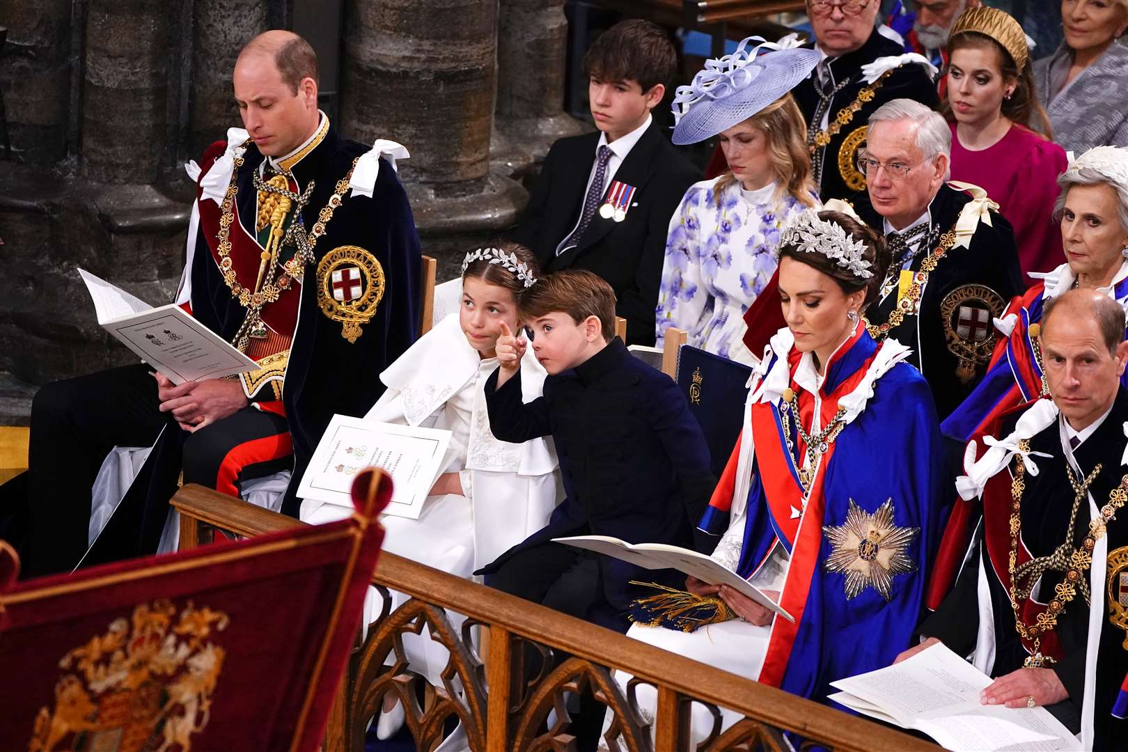 The Prince of Wales, Princess Charlotte, Prince Louis, the Princess of Wales and the Duke of Edinburgh at the coronation ceremony (Yui Mok/PA)