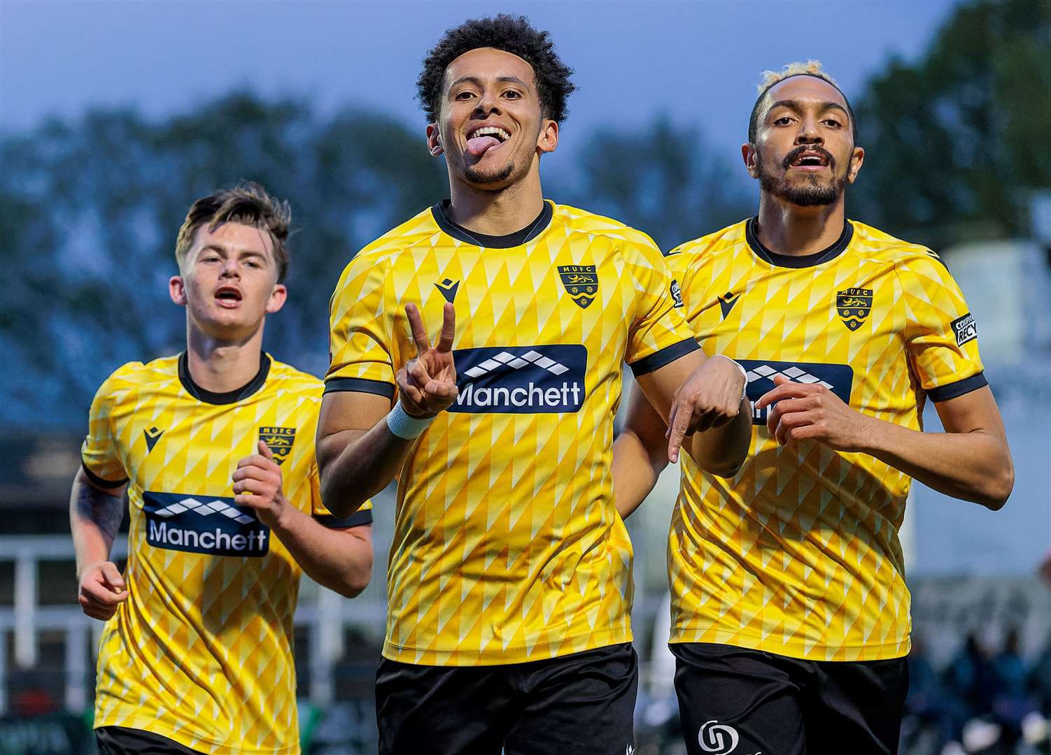 Sol Wanjau-Smith, centre, celebrates scoring for Maidstone in the Kent Senior Cup final last season. Picture: Helen Cooper