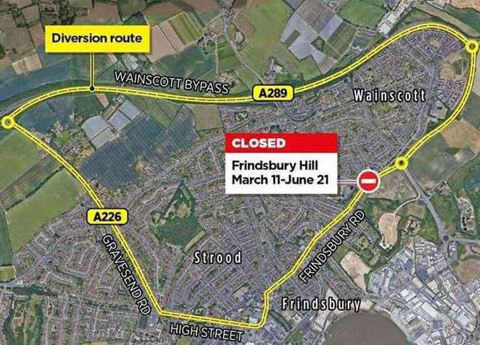 Frindsbury Hill is to close in both directions from the Sans Pareil roundabout from March 11 to June 21