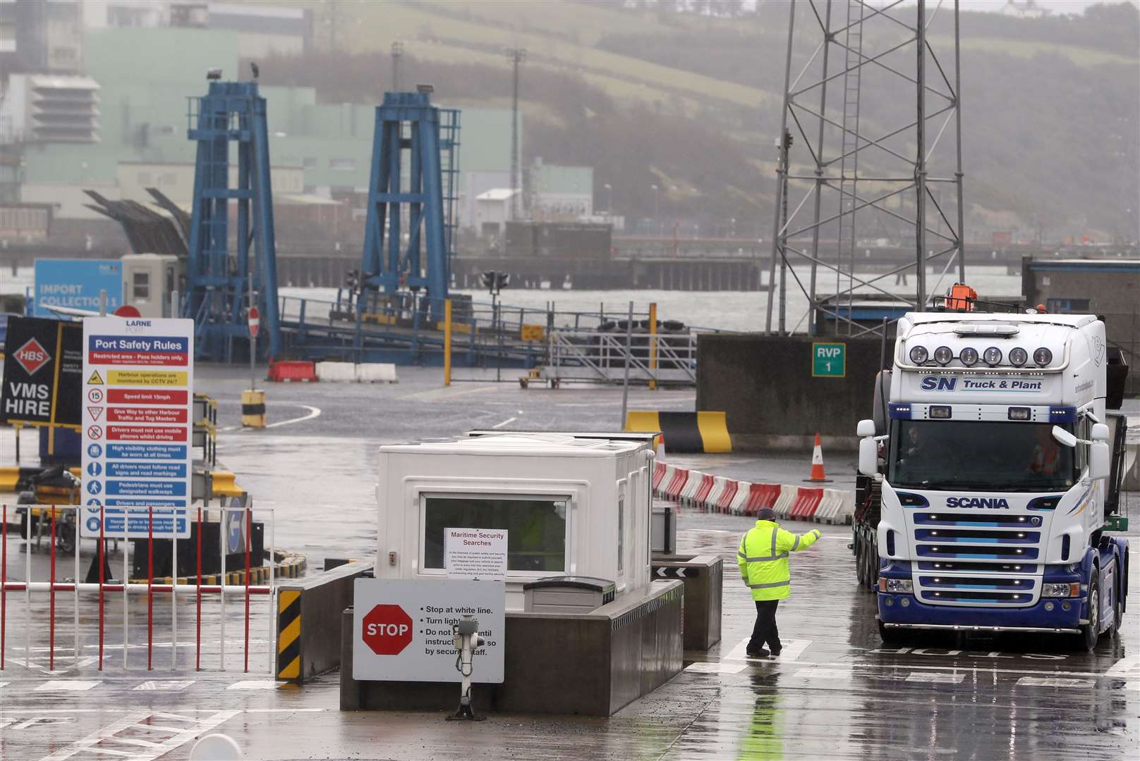 Lorries leaving Larne Port (Brian Lawless/PA)