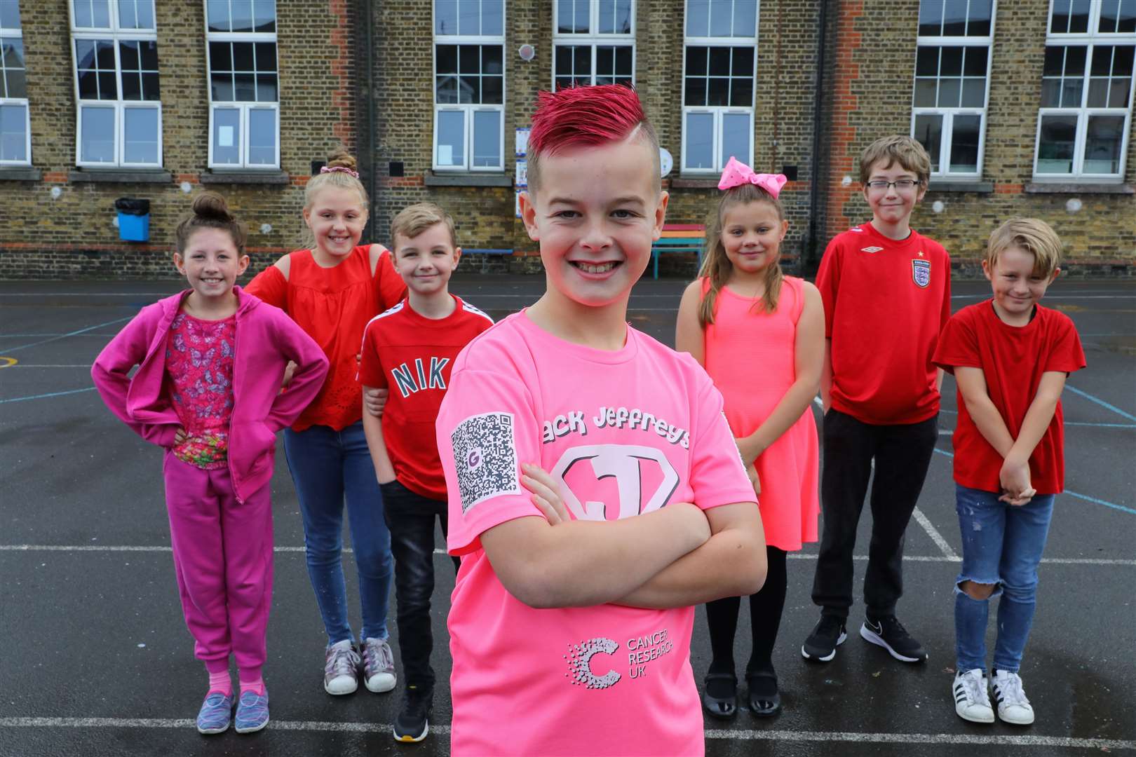 Lewis Kentsley, 10 with Year 6 pupils Kimberley, Ellie-Mai, Jayden, Leah, Connor and Cameron. Picture: Andy Jones.