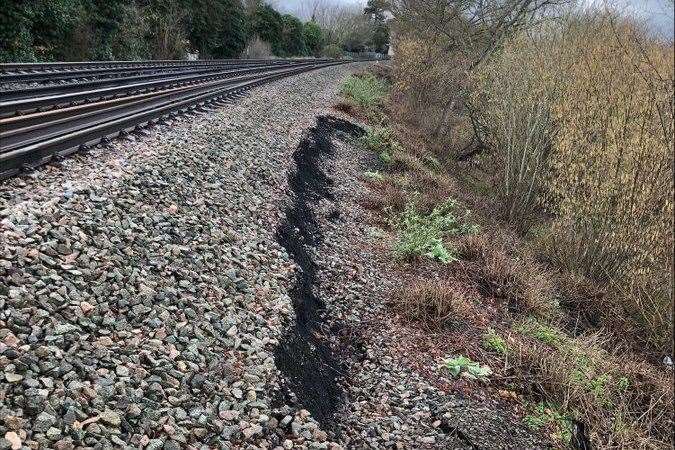 Trains couldn’t run because of the emerging landslide earlier this year. Image: Network Rail.