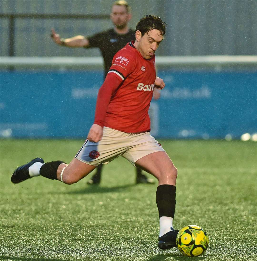 Jack Evans scores from the penalty spot for Chatham on Saturday. Picture: Ian Scammell