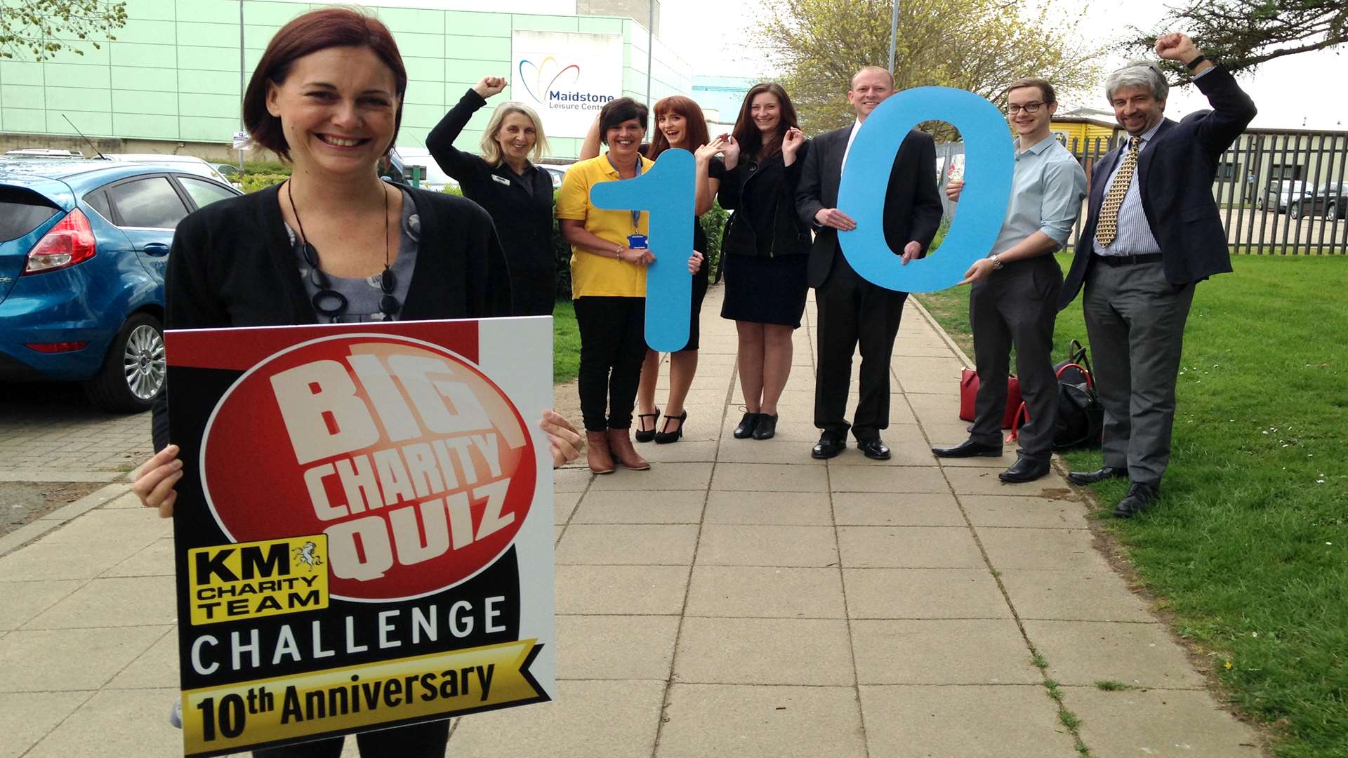 Celebrating the 10th anniversary KM Big Quiz are key partners of the event Moira Mitchell (Heart of Kent Hospice), front, with James Gansby (MHA MacIntyre Hudson), Julie Blackmore (Maidstone Mind), Joyce Veal (Maidstone Leisure Centre), Sarah Fisher (Qube), Alisha Wilkinson (Qube) and Matthew France and Julian Glover (DSH).