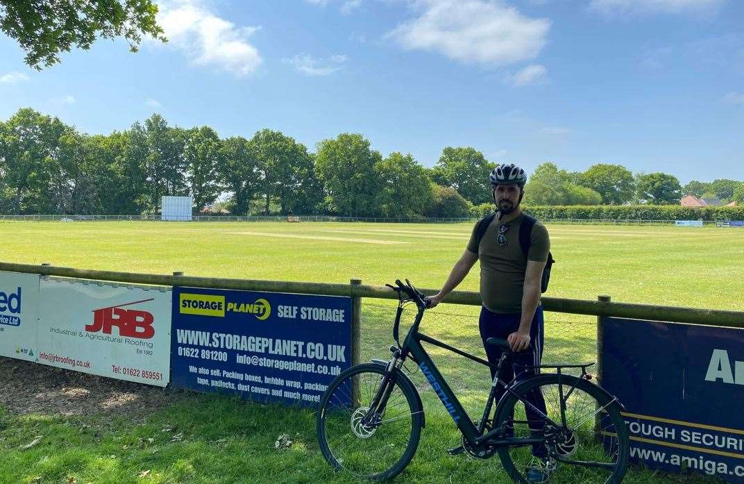 With the bike at Headcorn Cricket Club