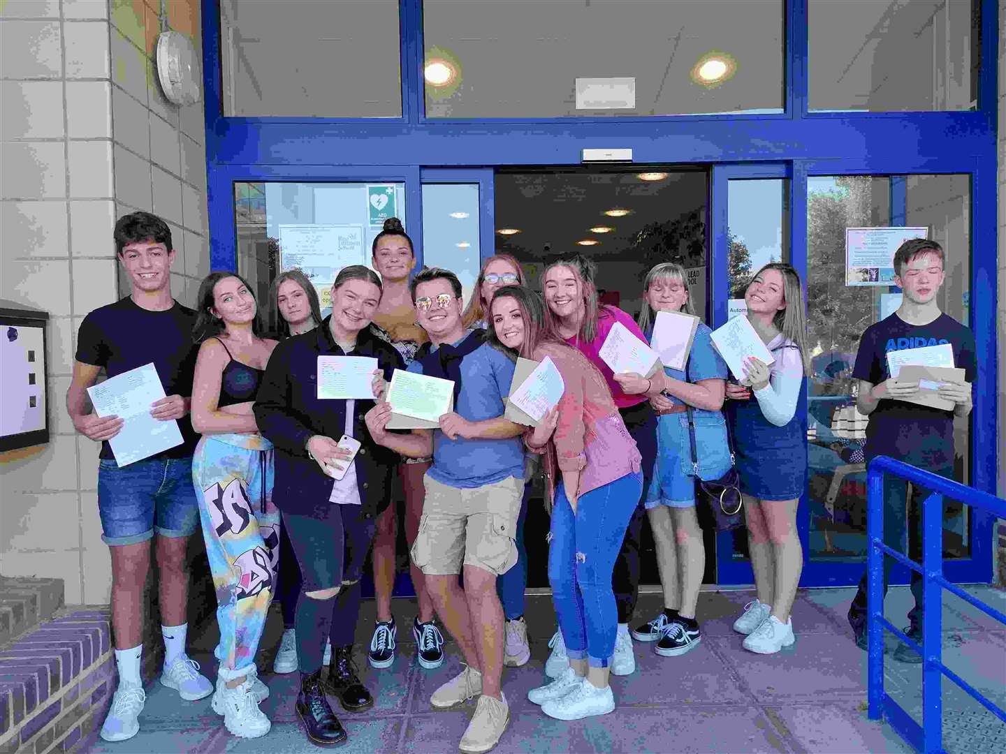 James Protopapas, Daisy Day, Abigail Greetham, Nelle Cresdee, Katie Greenfield, Callum Friend, Bryony Jay, Kacey Coppin, Ellie Woodhouse, Tate Barnes, Lydia Hames, William Strevens celebrate at King Ethelbert School in Birchington