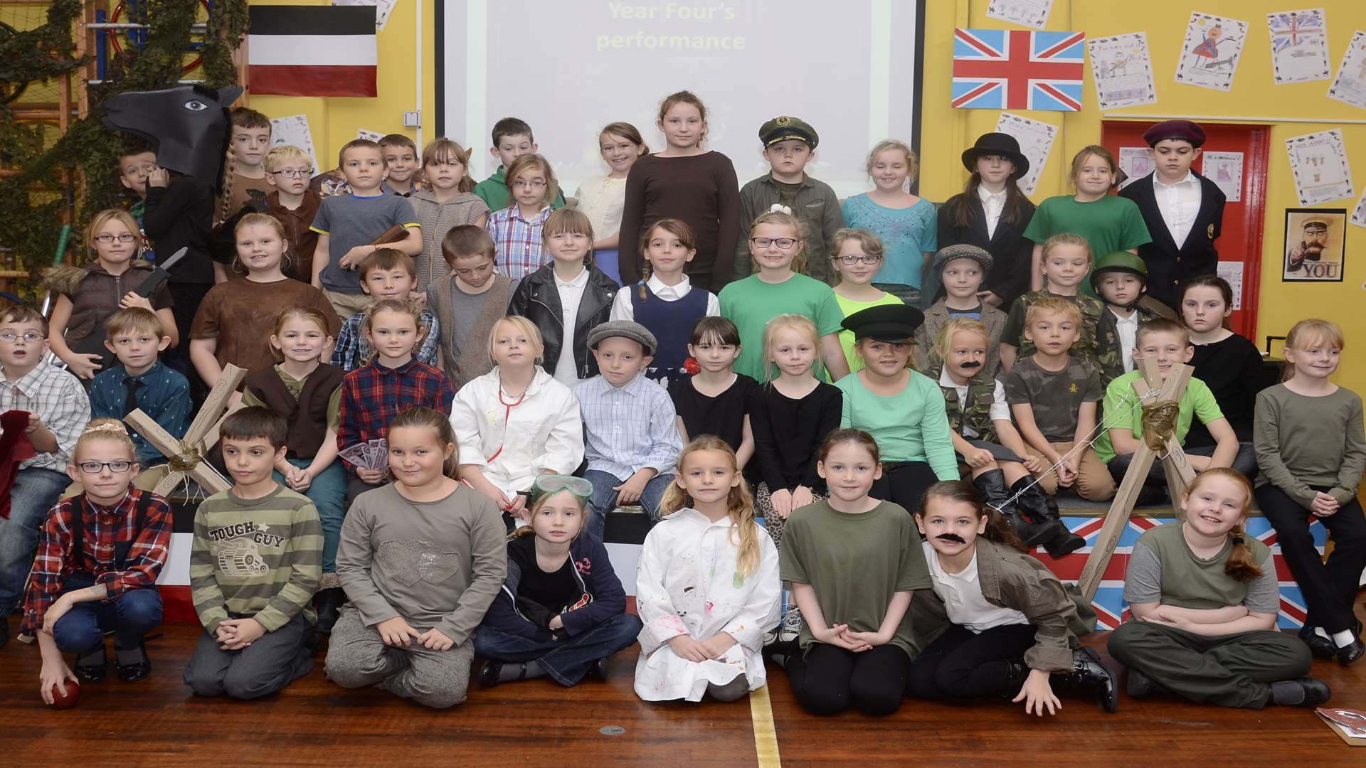 The cast of Minster Primary School's production of War Horse