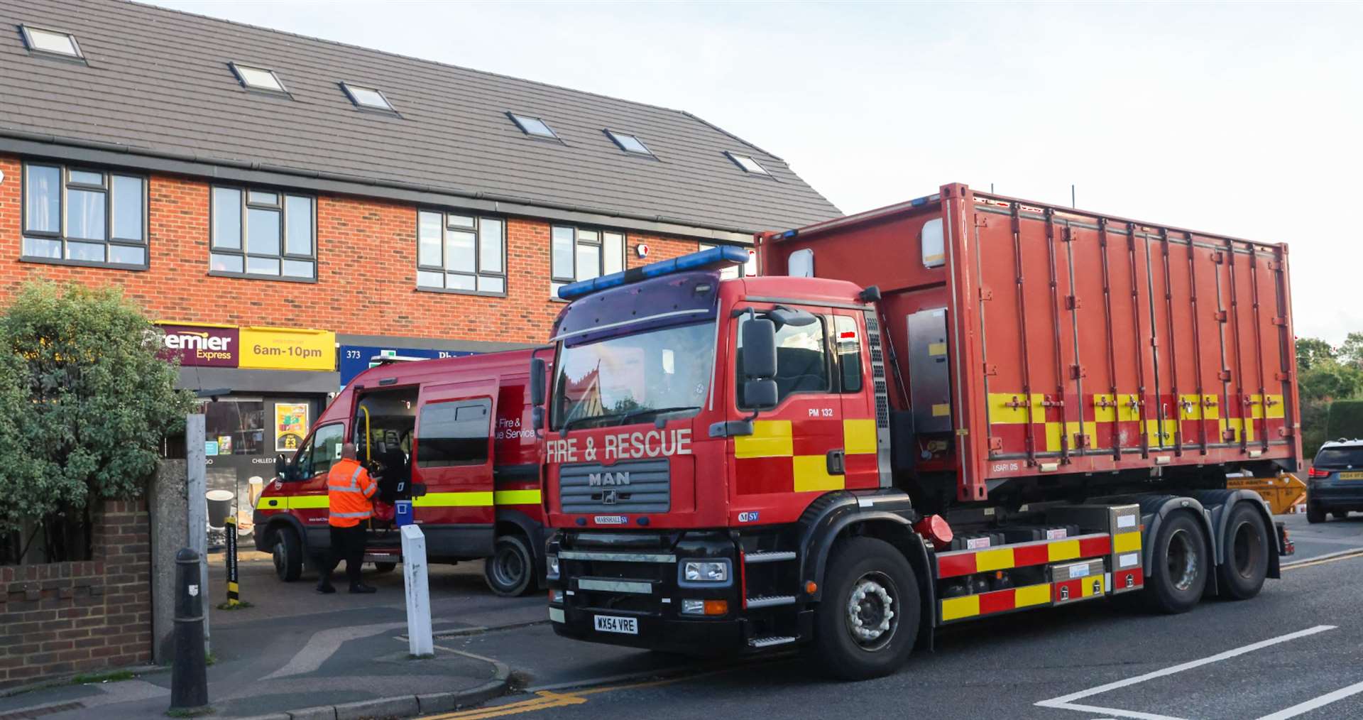 Firefighters, police and paramedics outside the Hawthorn Manor care home in Gillingham where a car smashed into the front of the building. Picture: UKNIP