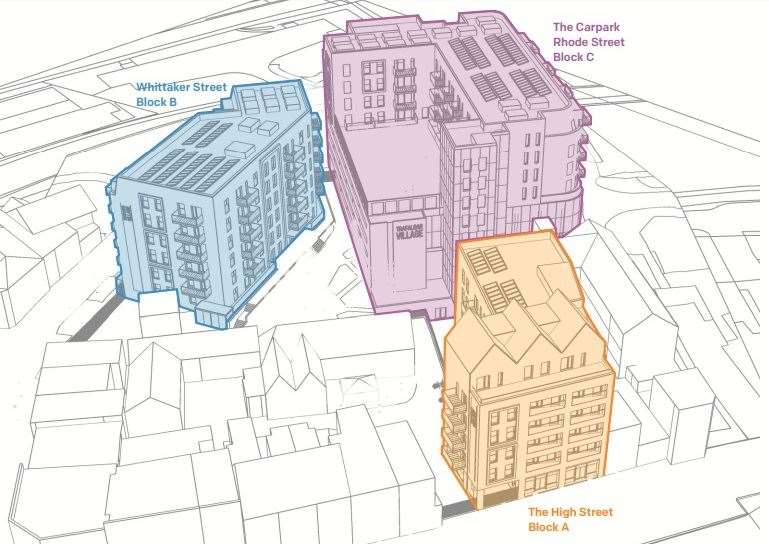 The new design splits the site into three blocks on the High Street, Whittaker Street, and Rhode Street. Photo: Chetwoods Architects