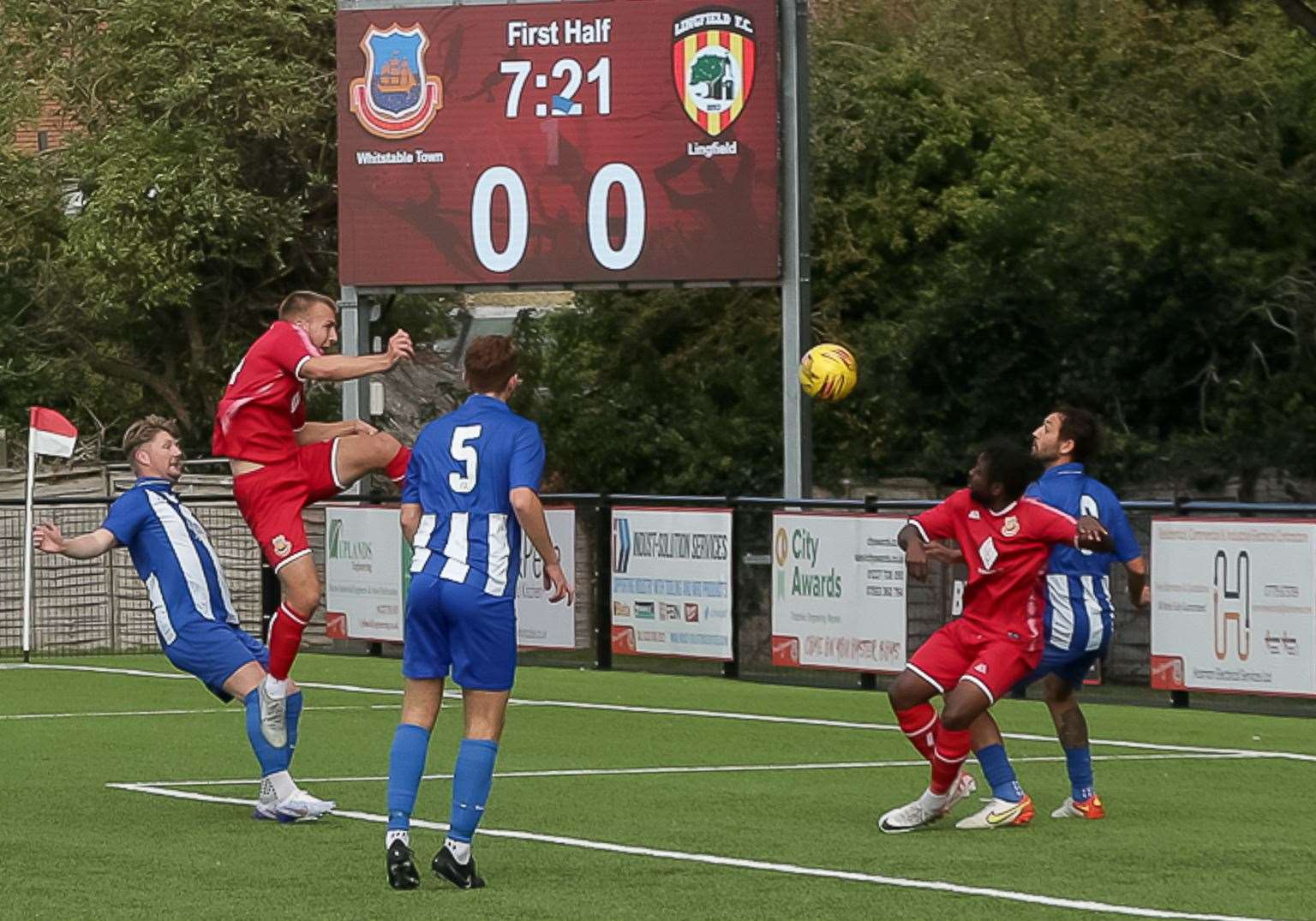 Midfielder Jack Palmby scores for Whitstable in their 2-1 weekend FA Vase Second Qualifying Round at home to Lingfield. Picture: Les Biggs