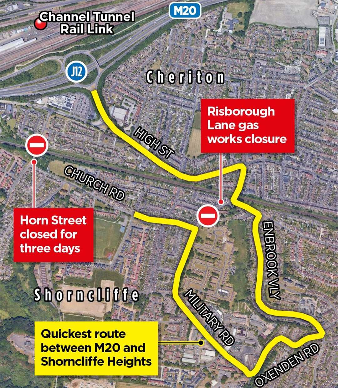 The diversion drivers will have to take to reach Church Road and Shorncliffe Heights from the M20 in Folkestone