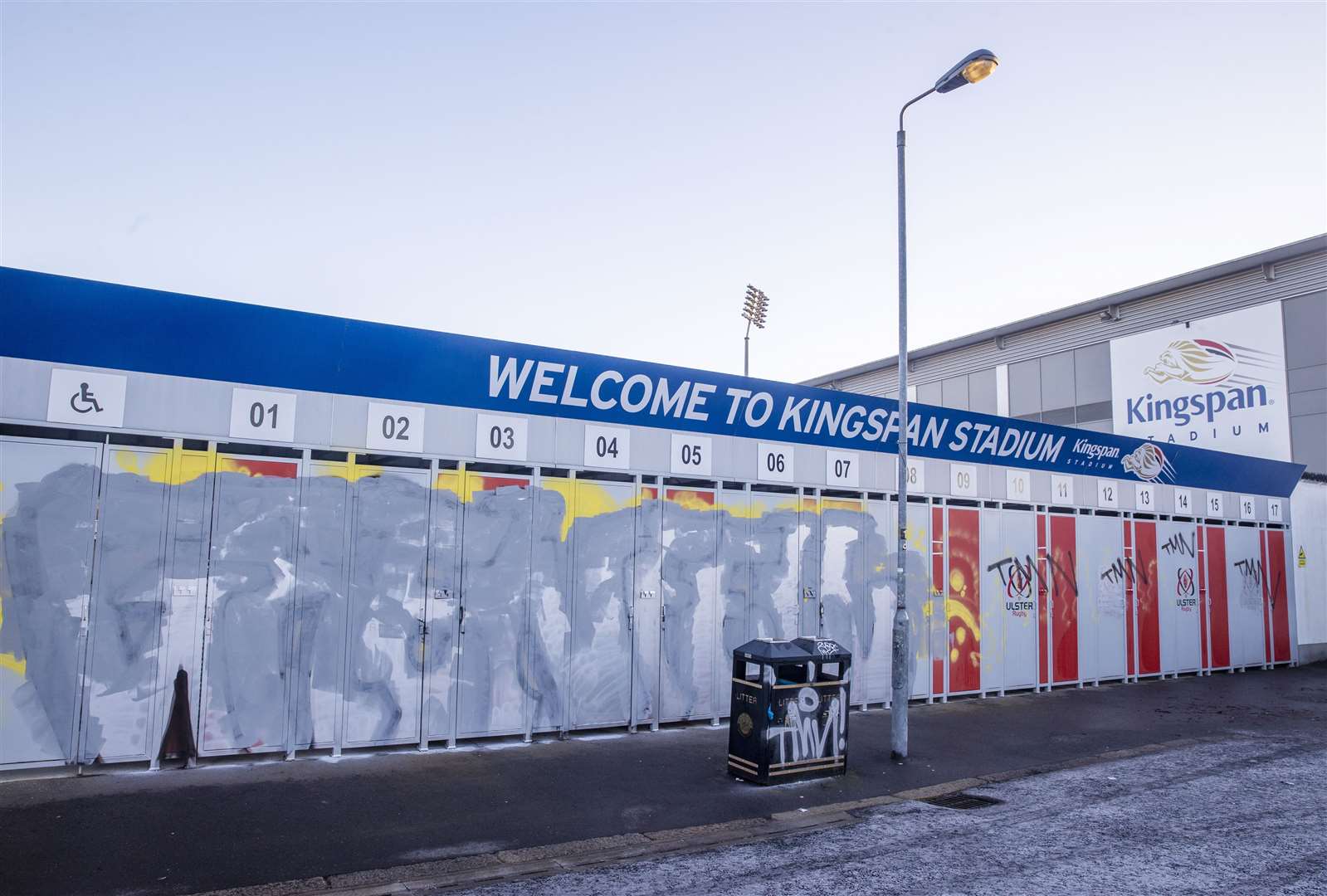 Graffiti on the wall and entrance gates of Ulster Rugby Stadium in Belfast (PA)