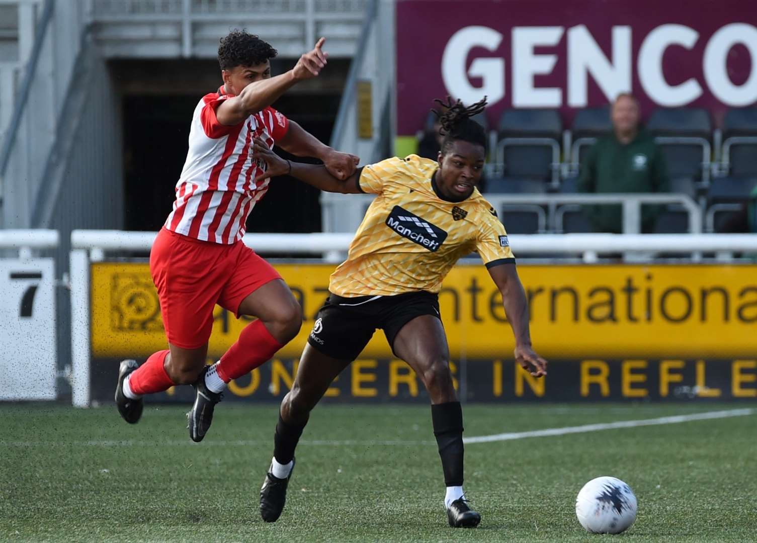 Raphe Brown in action for Maidstone during their 3-0 win over Folkestone. Picture: Steve Terrell