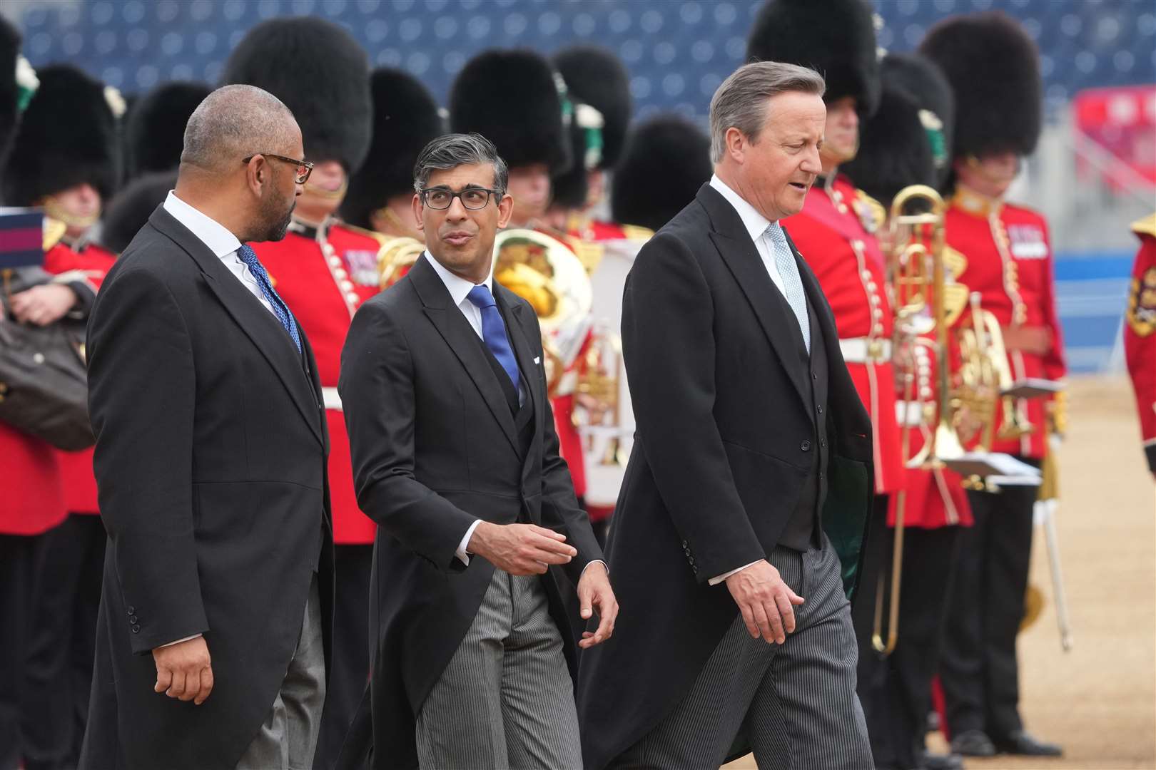 Home Secretary James Cleverly, Prime Minister Rishi Sunak and Foreign Secretary Lord David Cameron attended the ceremonial welcome at Horse Guards Parade (Jeff Moore/PA)