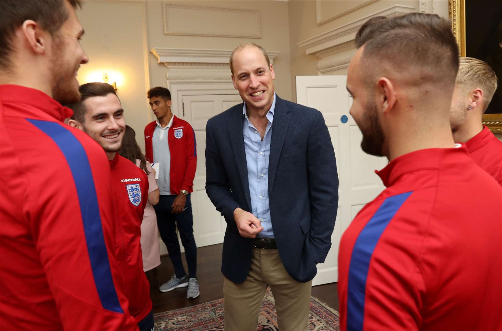 William, the FA’s president, is pictured with players as he hosts a reception for the Under-20 England team (Chris Jackson/PA)