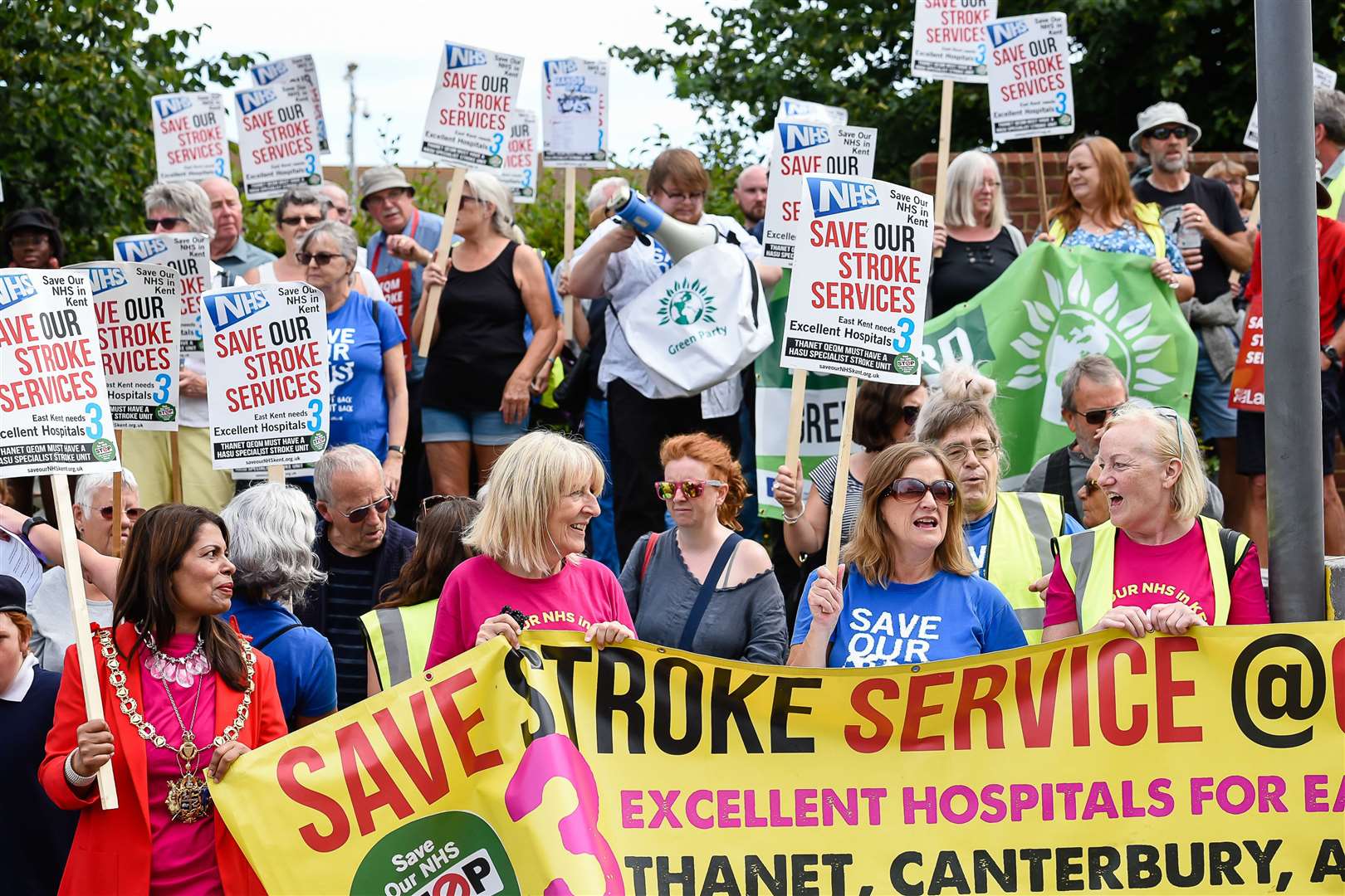 Campaigners protest against reducing health and hospital services at the QEQM hospital in Margatre