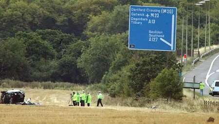 The wrecked car after it careered off the M25 in August last year. Picture courtesy STEPHEN HUNTLEY/ ESSEX-PIX.COM