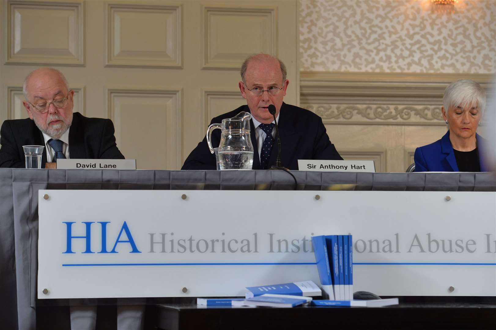 Retired High Court judge Sir Anthony Hart speaking during a press conference in Belfast, flanked by David Lane (left) and Geraldine Doherty at the conclusion of the Historical Institutional Abuse inquiry in Northern Ireland (Colm Lenahan/Pacemaker Press/PA)