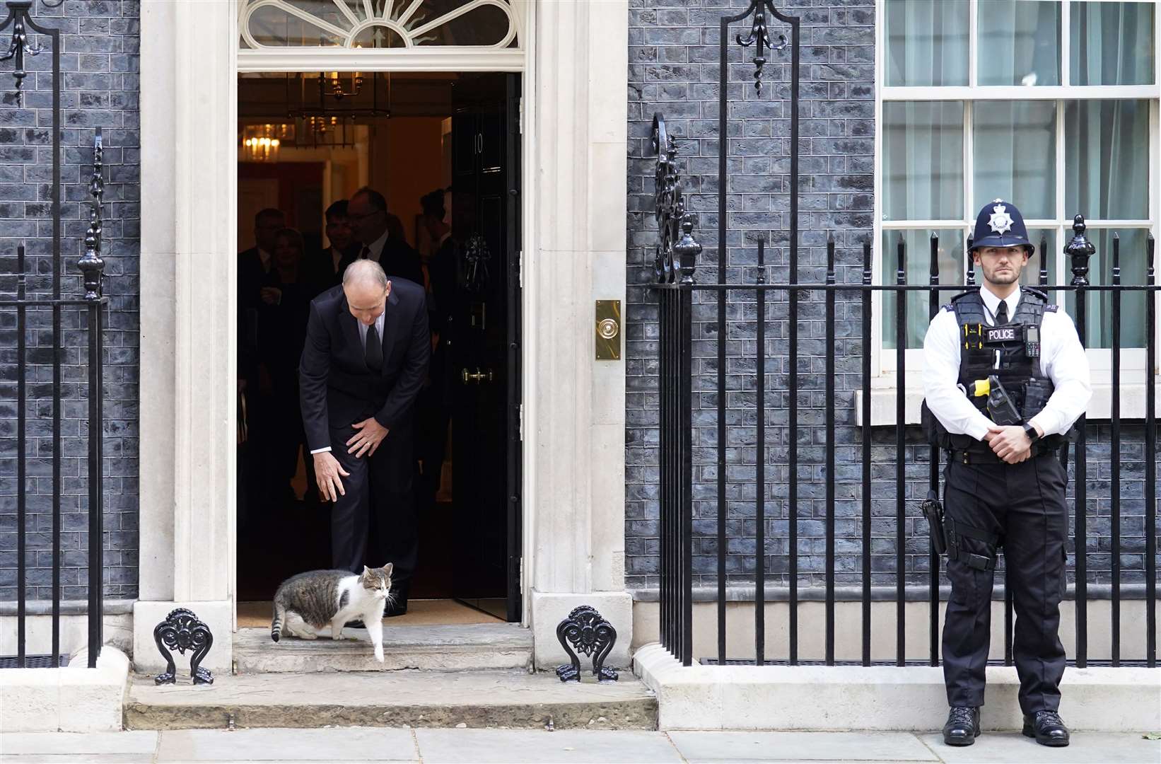 Micheal Martin tries to stroke Larry the cat as he leaves No 10 (Stefan Rousseau/PA)