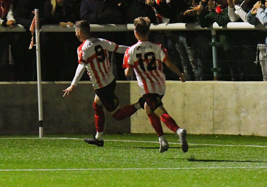 Dan Bradshaw celebrates putting Sheppey in front. Picture: Marc Richards