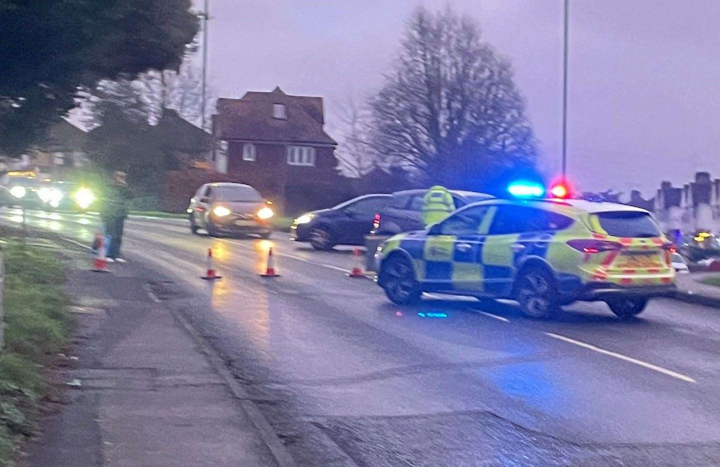 The A26 Tonbridge Road, Barming, was closed after a motorbike crashed into a lamppost. Picture: KMG