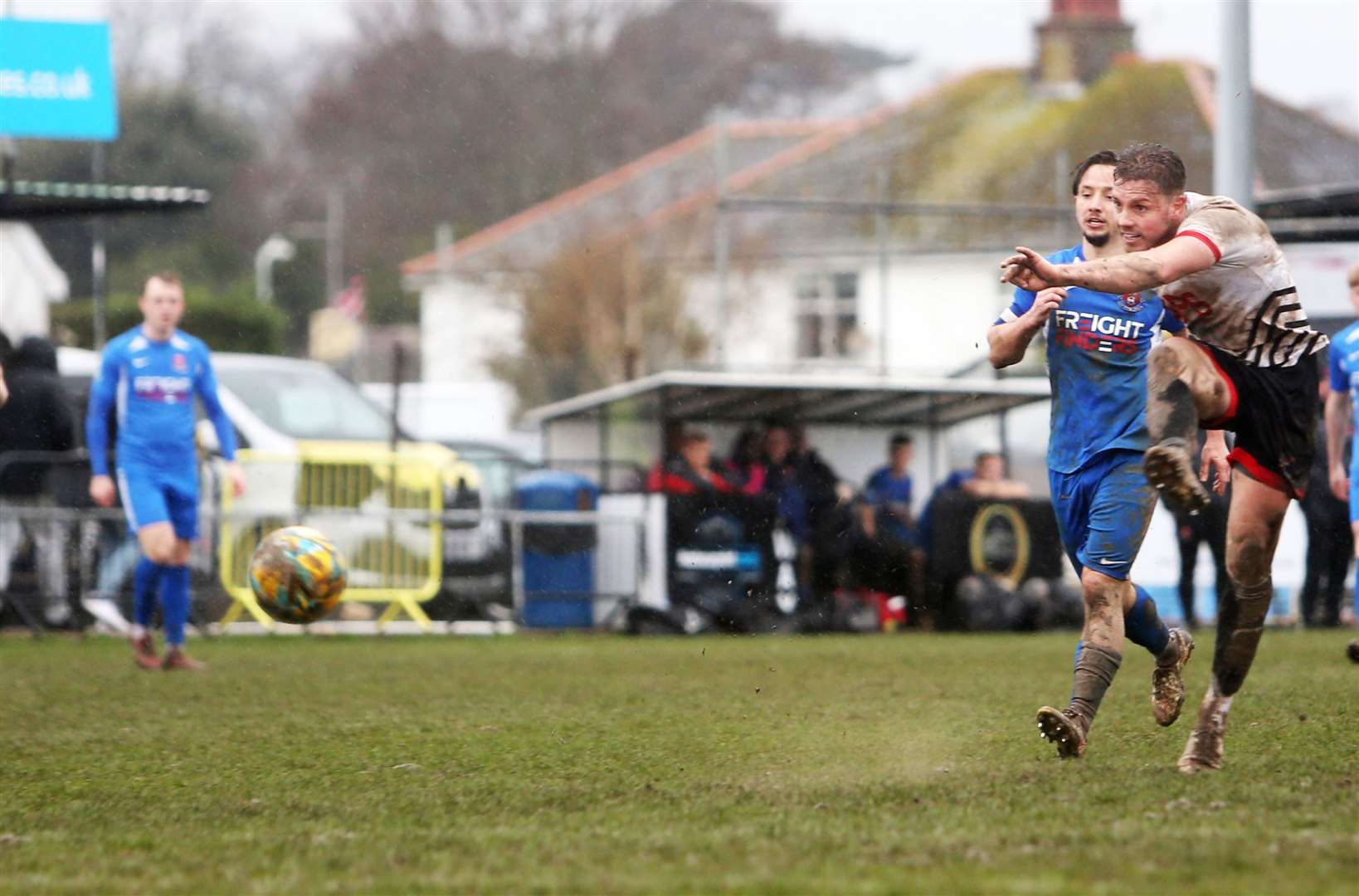 Aaron Millbank strikes from outside the area late into injury time for Deal's third goal. Picture: Paul Willmott