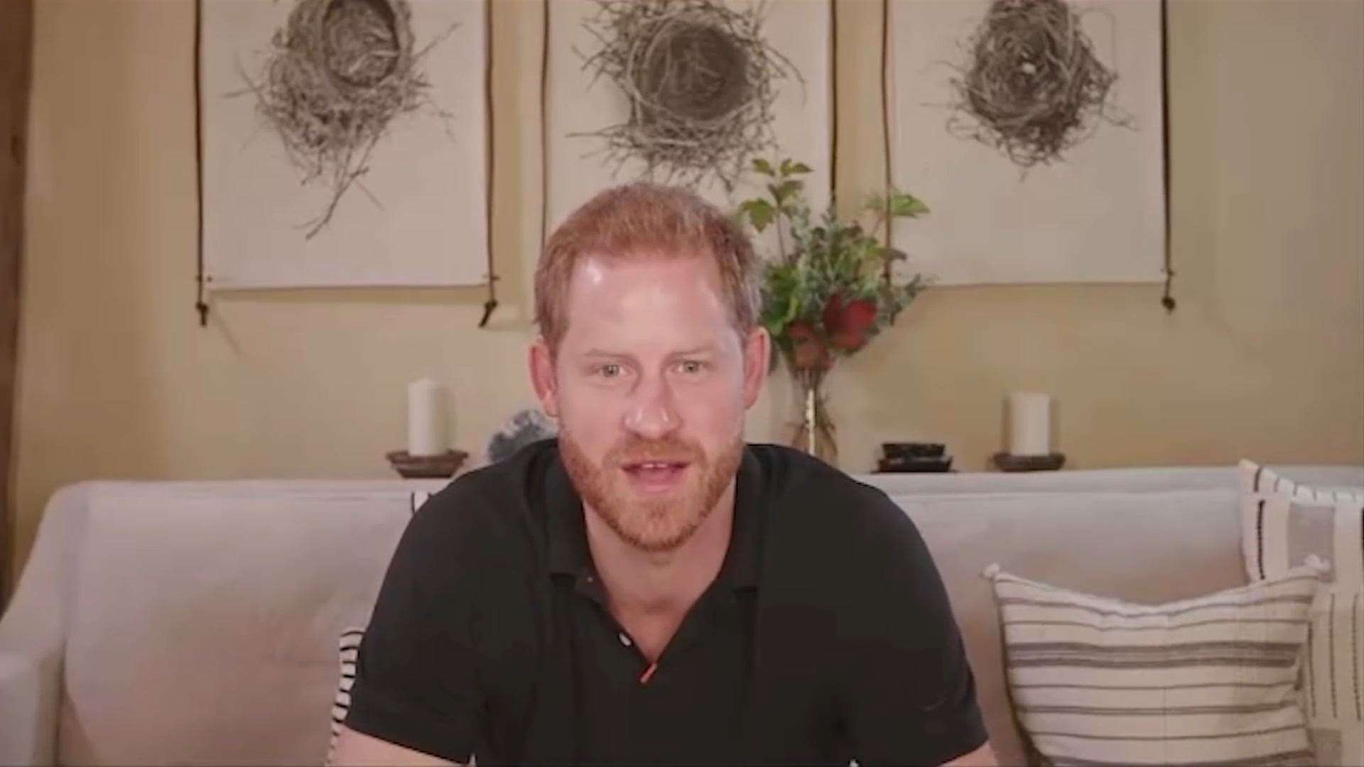 The Duke of Sussex seen chatting from his home in Santa Barbara, California, via video call with Black Lives Matter supporter Patrick Hutchinson (British GQ/PA)