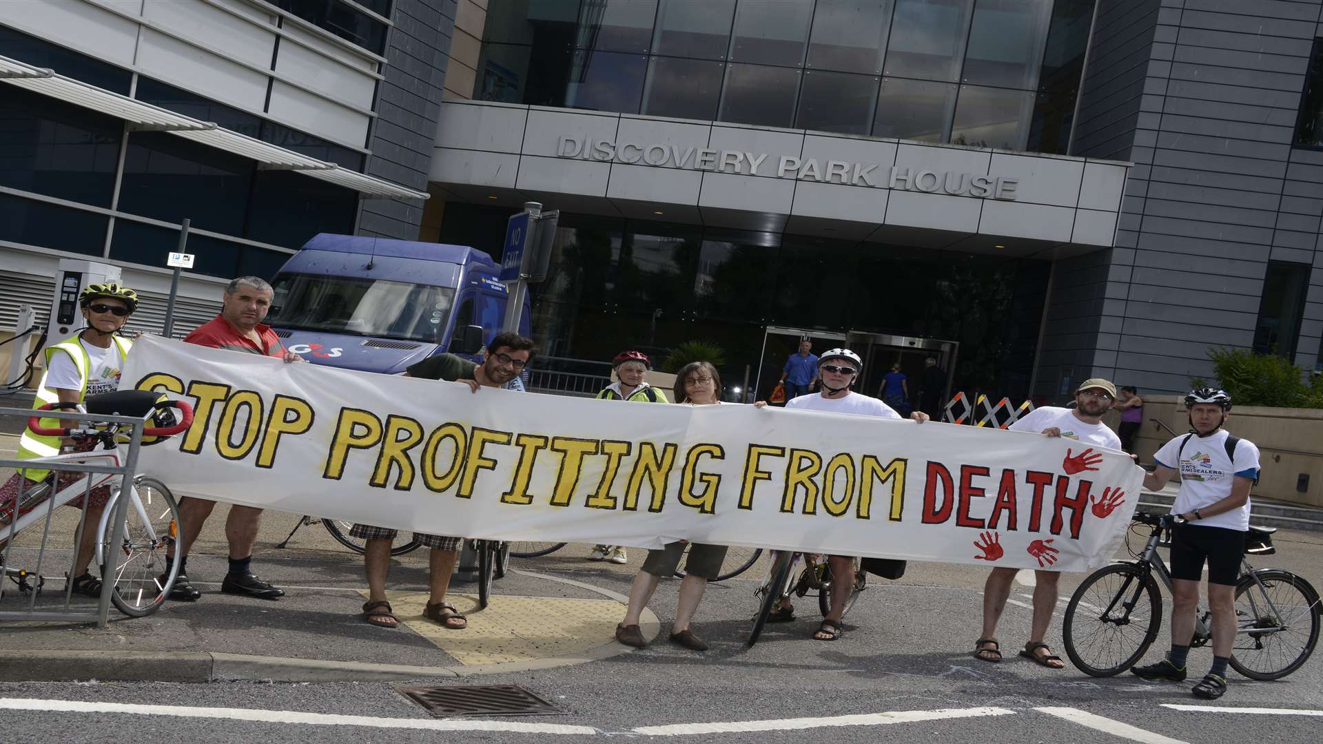 The protesters stopped at the factory site at Discovery Park