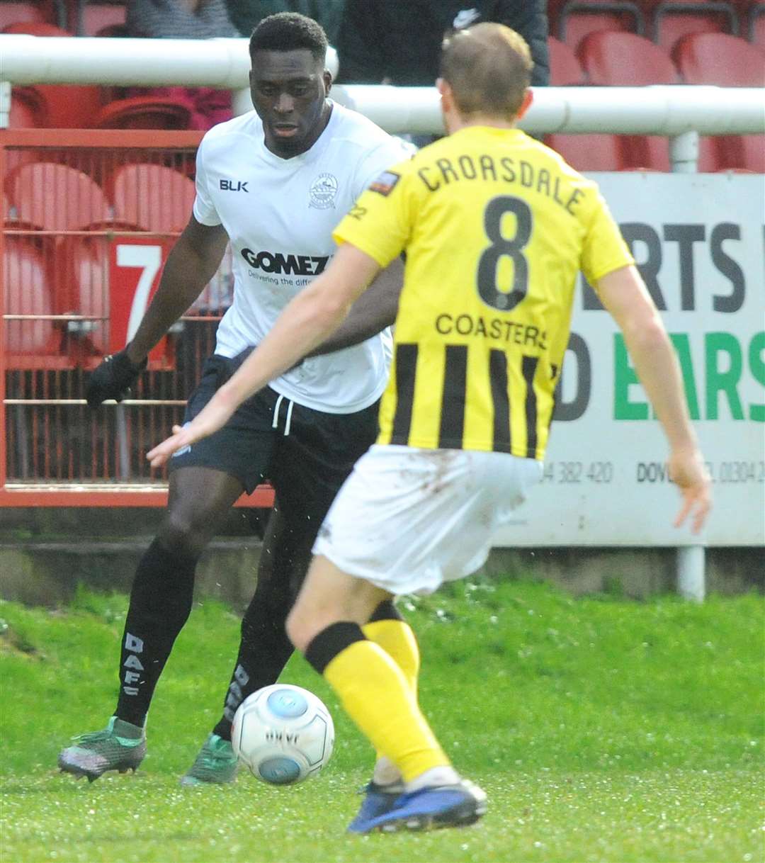 Dover's Inih Effiong takes on Fylde's Ryan Croasdale Picture: Wayne McCabe