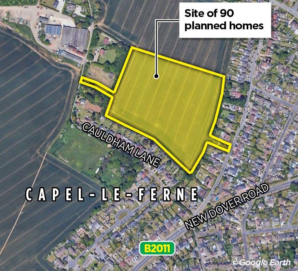 The planned development by Quinn Estates off Cauldham Lane, Capel-le-Ferne. KMG graphic