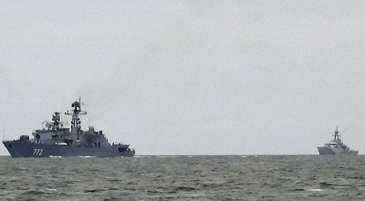 The Russian frigate Neustrashimy shadowed by HMS Severn in the English Channel near Folkestone in May. Picture: Matt Coker, Dover Strait Shipping