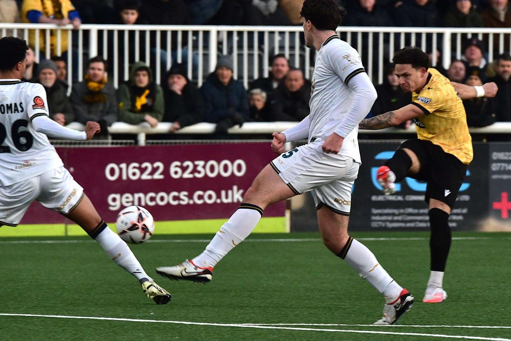 Charlie Seaman scores Maidstone's winner against Torquay. Picture: Steve Terrell