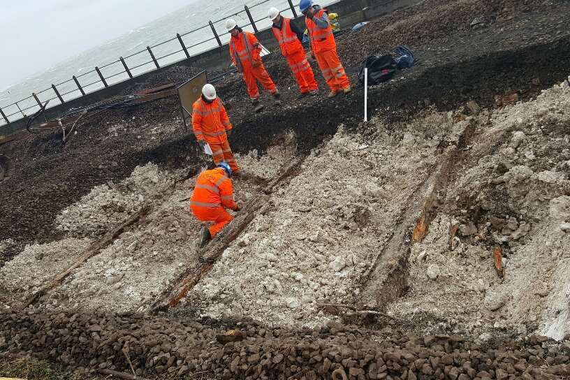 The rail repair works at the Dover sea wall at Shakespeare Beach in its first weeks, last February. Picture, Chris Denham.