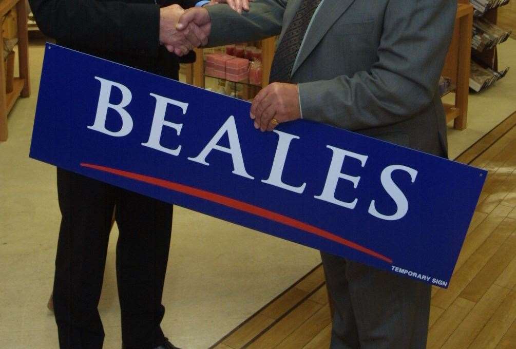 L to R: Nigel Beale, Chairman receives the new name plaque that will cover the old Bentalls sign by Piers Bentalls from the Bentalls family previous owners of the familiar Tonbridge department store. (26619407)