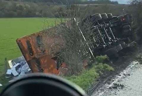 The overturned lorry on the A28. Picture: Spotted in Ashford