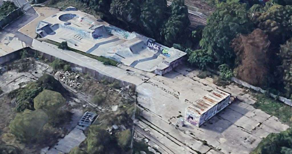 The container, left, at Mill Skatepark in Sittingbourne has been wrecked by vandals. Picture: Google Earth