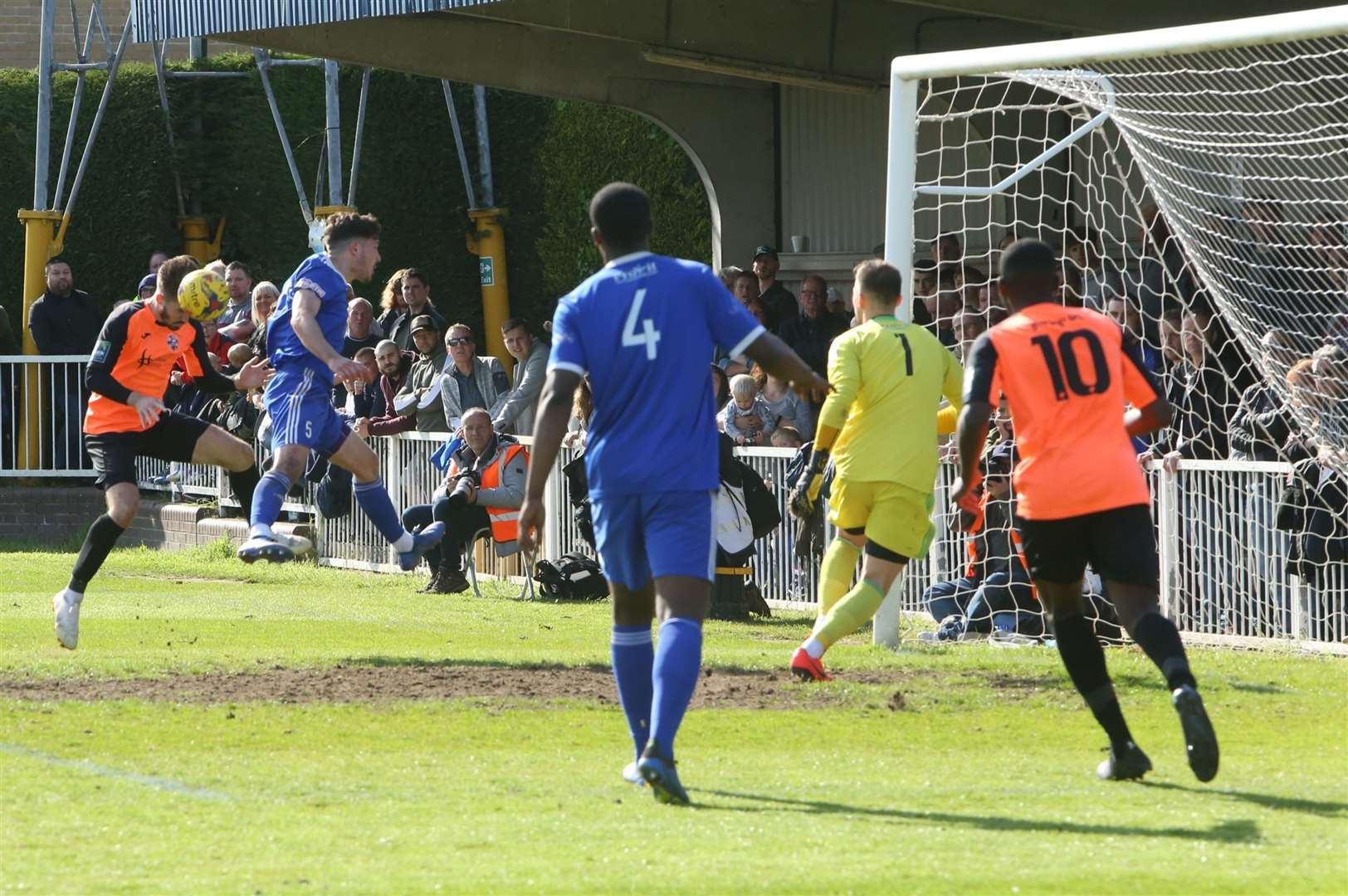 Tom Derry meets Jared Small's cross for Tonbridge's extra-time winner Picture: David Couldridge