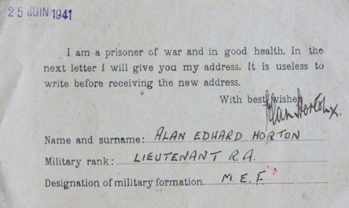 Notification that Alan Horton had been taken as a prisoner of war following the battle for Crete. Picture: John Horton
