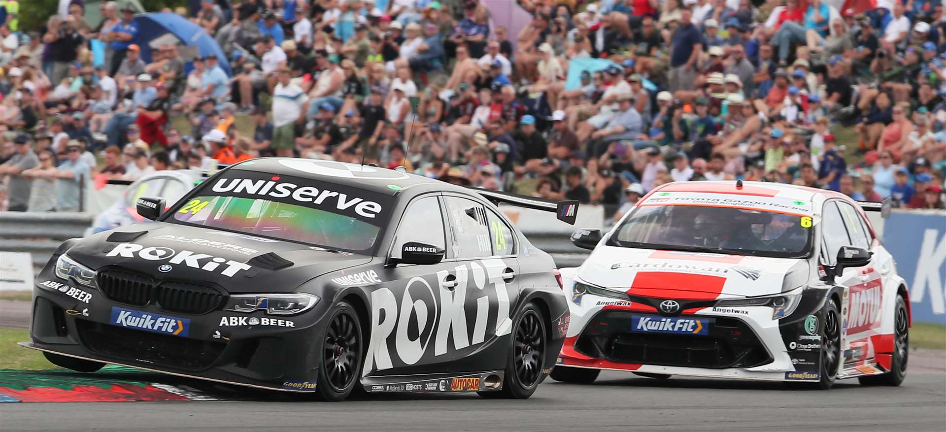 Jake Hill, left, in the thick of the action at Thruxton. Picture: Jakob Ebrey