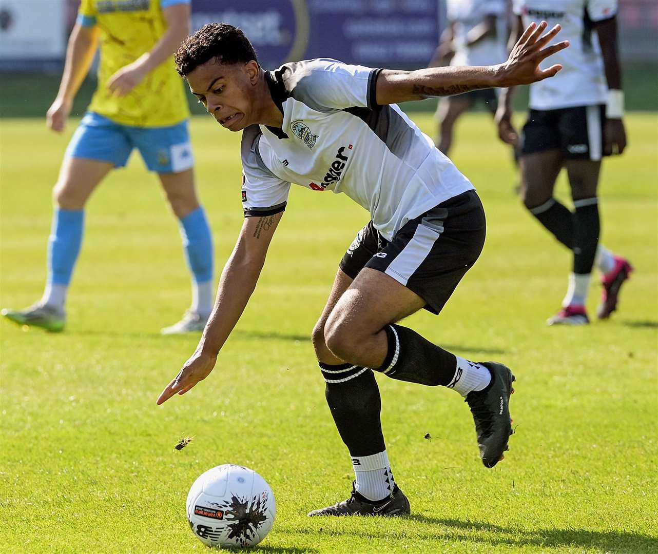 Johl Powell, later sent off on his home debut, on the ball for Dover in Saturday’s 3-1 National League South defeat to Weymouth. Picture: Stuart Brock