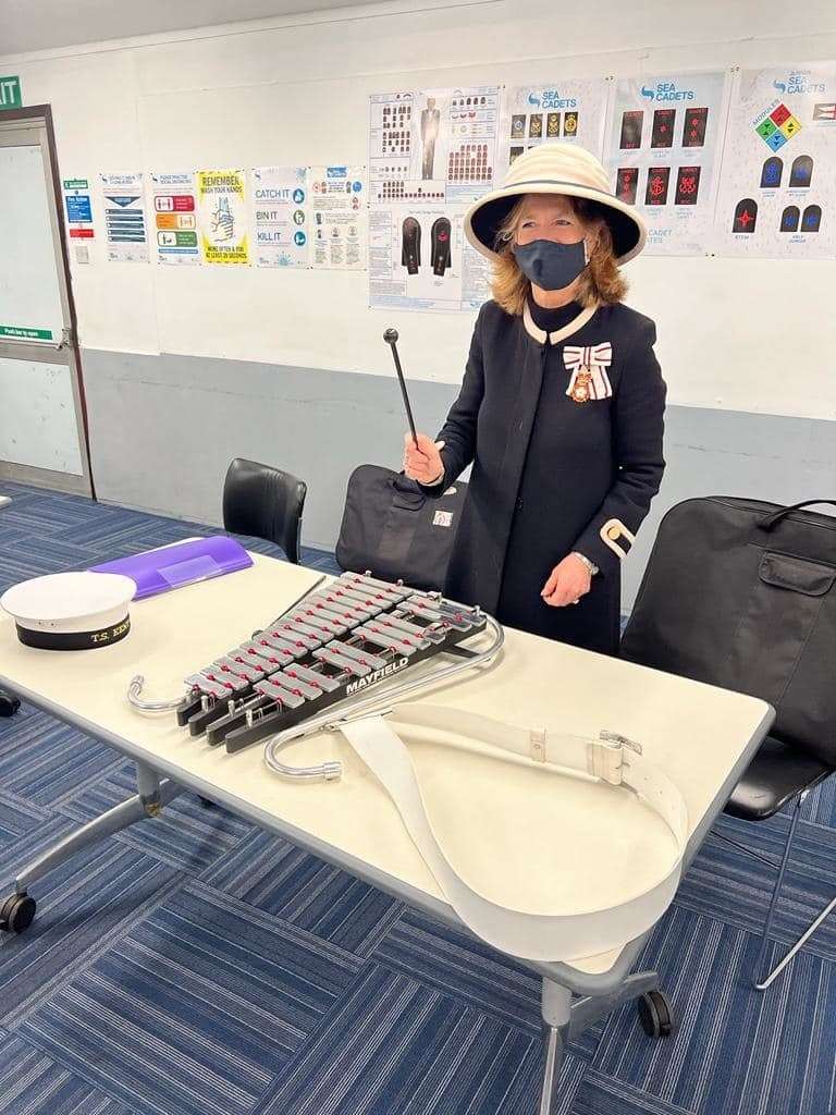 Lord Lieutenant of Kent Lady Colgrain tried her hand at playing a xylophone when she visited Sheppey Sea Cadets and met band members