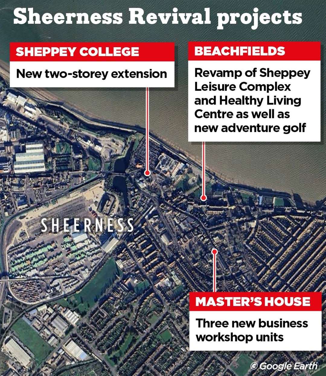 The locations of the different parts of the Sheerness Revival Scheme that are still to come