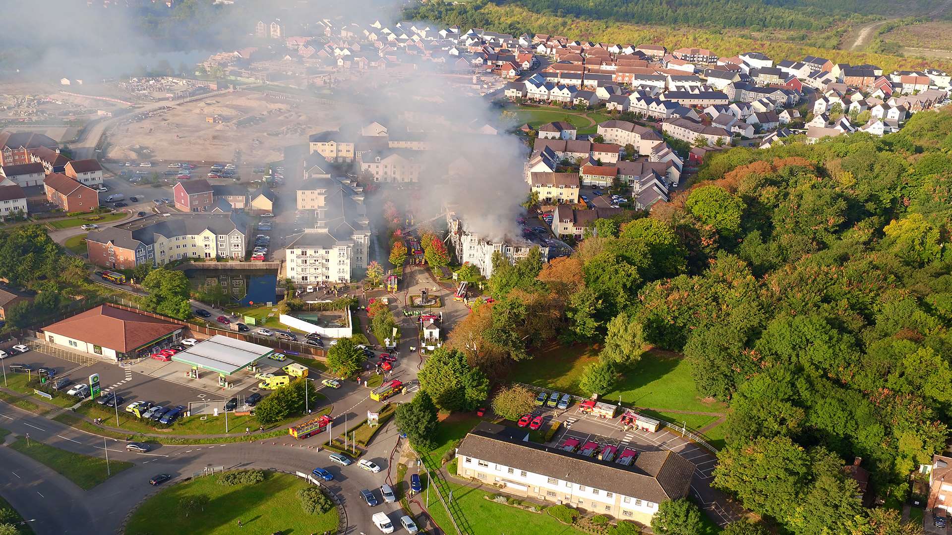 Aerial photo of the fire at Holborough Lakes. Pic Lewis Steeper – FalconUAV