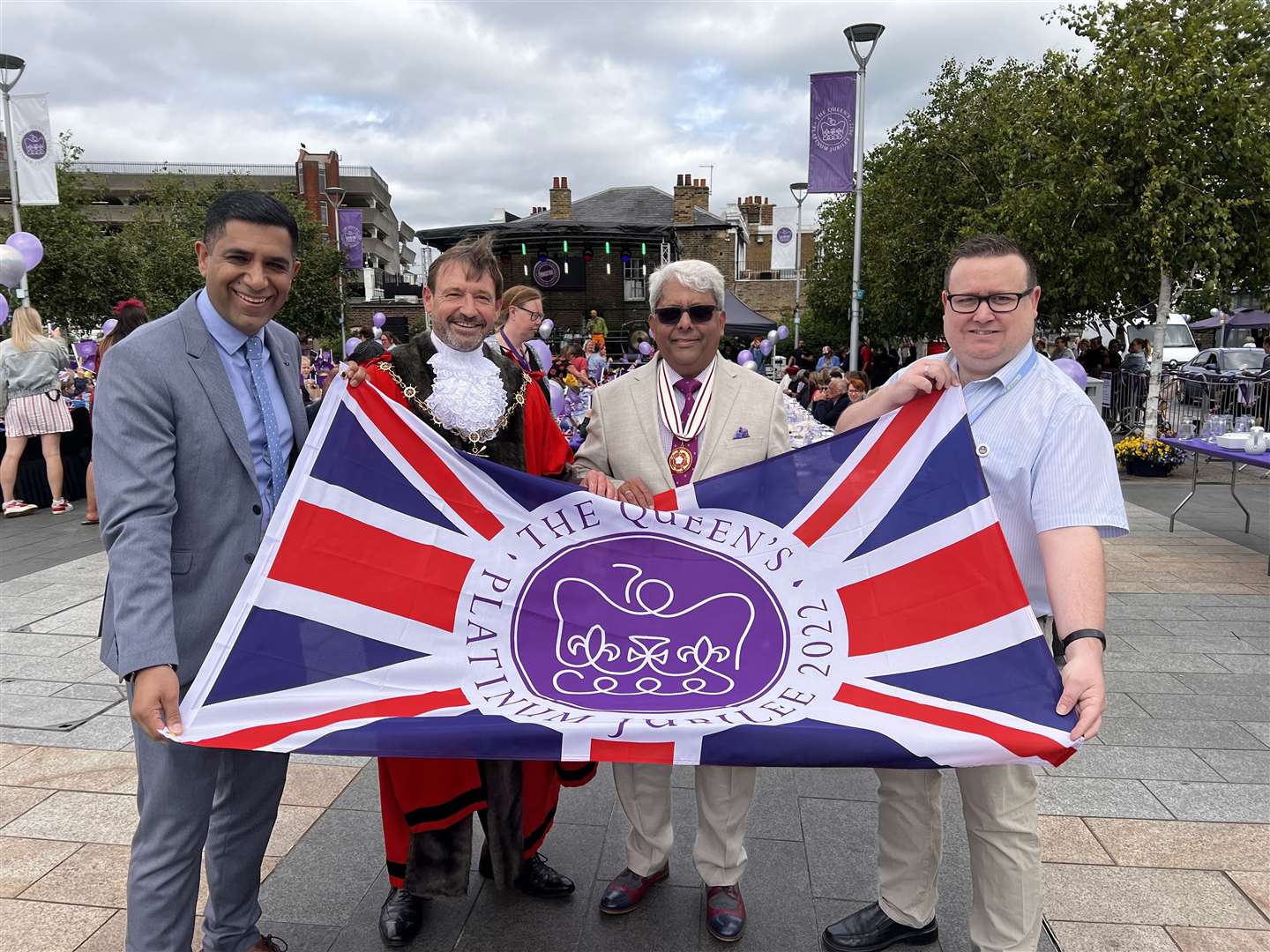 Gravesend Community Square Platinum Jubilee Party, 2022. From left: Gurvinder Sandher from Cohesion Plus, Mayor of Gravesham Cllr Peter Scollard, Dr Bhargawa Vasudaven DL, and Cllr Shane Mochrie-Cox