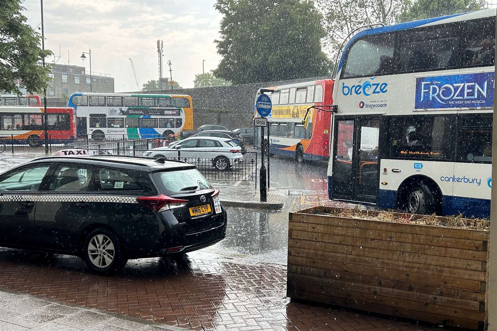 Heavy rain at Canterbury bus station on Monday morning