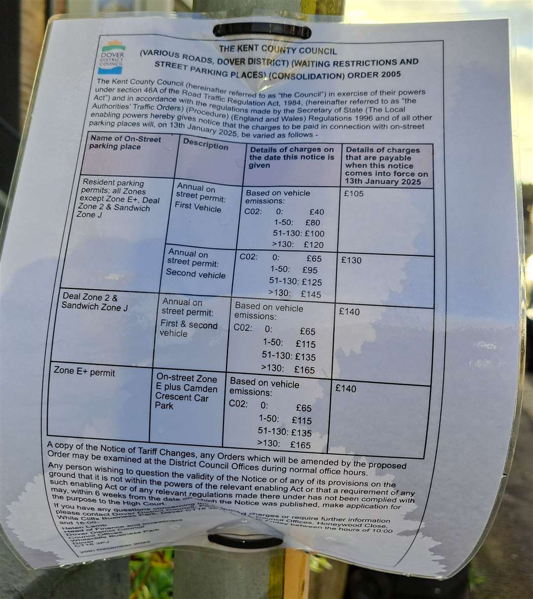 A notice in Albert Road, Dover, telling of the new parking permit charges in the district