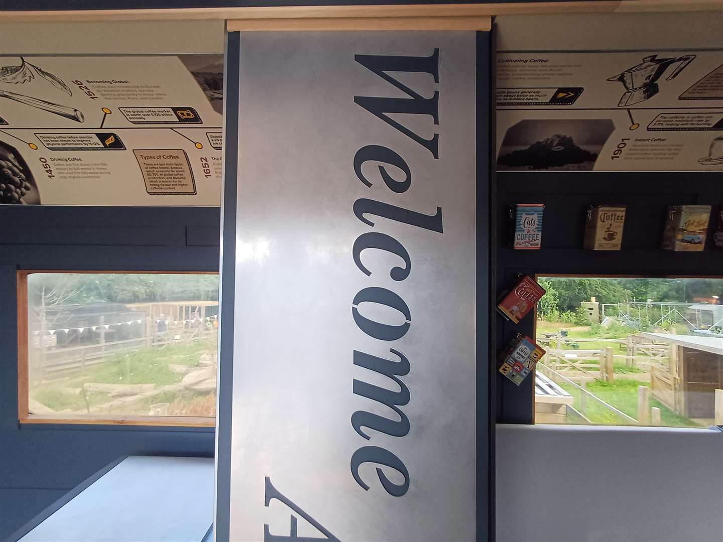 A welcome sign greets visitors as they enter the train